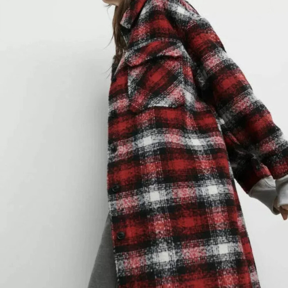 Zara Plaid Overshirt Longline Shacket Jacket Coat NWT Red White Size Medium - Picture 6 of 11